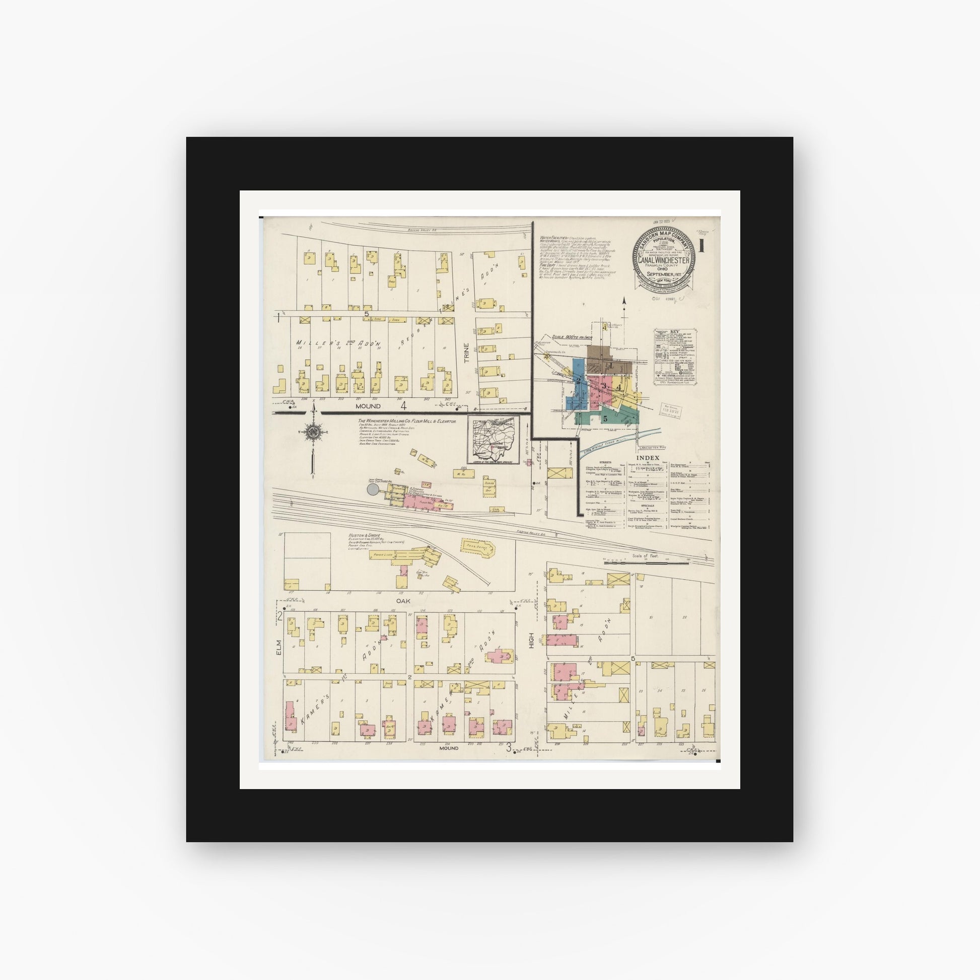 Old map wall art mockup — black gallery frame with white mat — Sanborn Fire Insurance Map from Canal Winchester, Franklin County, Ohio (1922), Sheet #0001