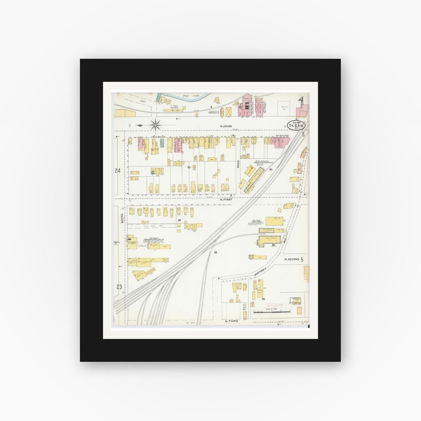 Old map wall art mockup — black gallery frame with white mat — Sanborn Fire Insurance Map from Olean, Cattaraugus County, New York (1904), Sheet #0004