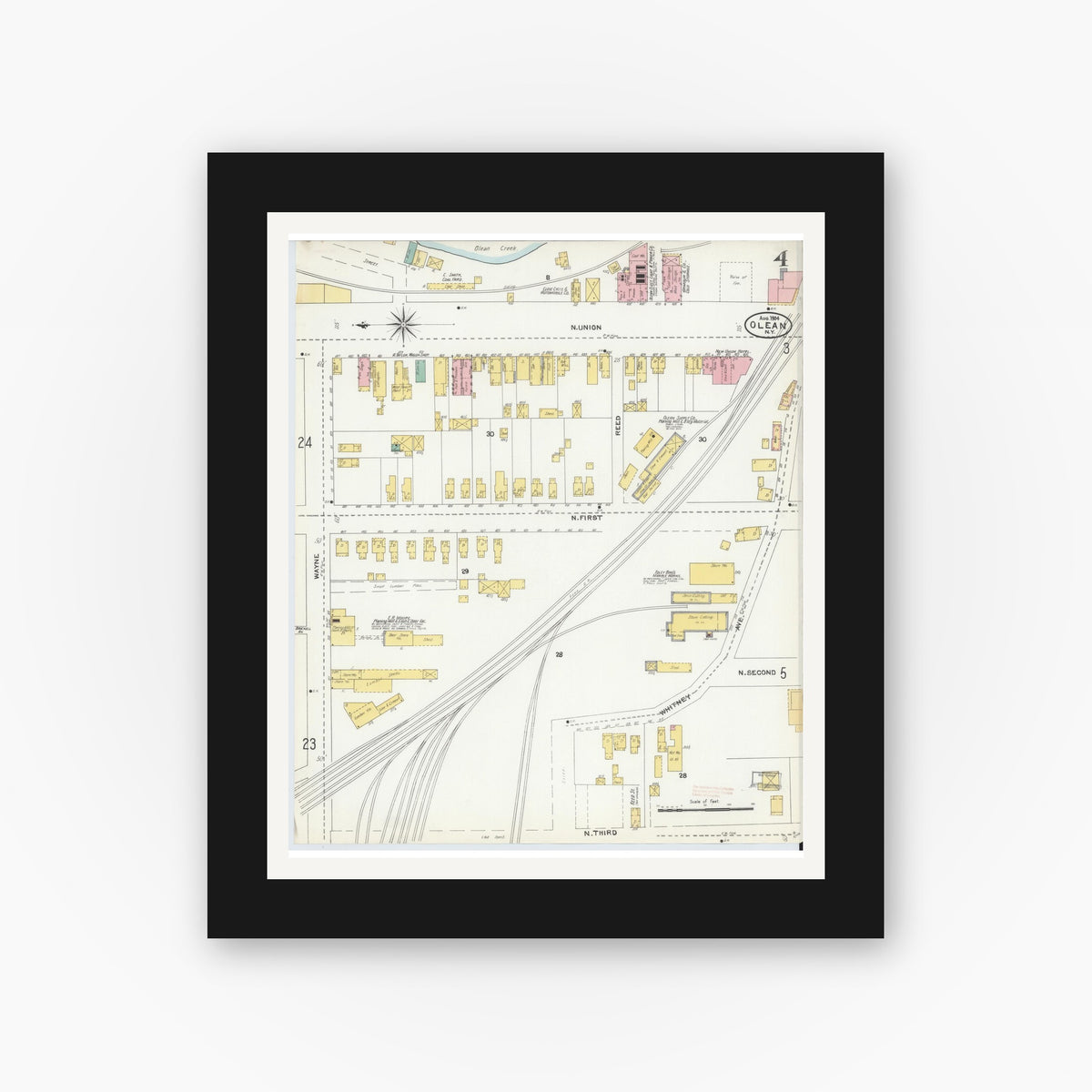Old map wall art mockup — black gallery frame with white mat — Sanborn Fire Insurance Map from Olean, Cattaraugus County, New York (1904), Sheet #0004