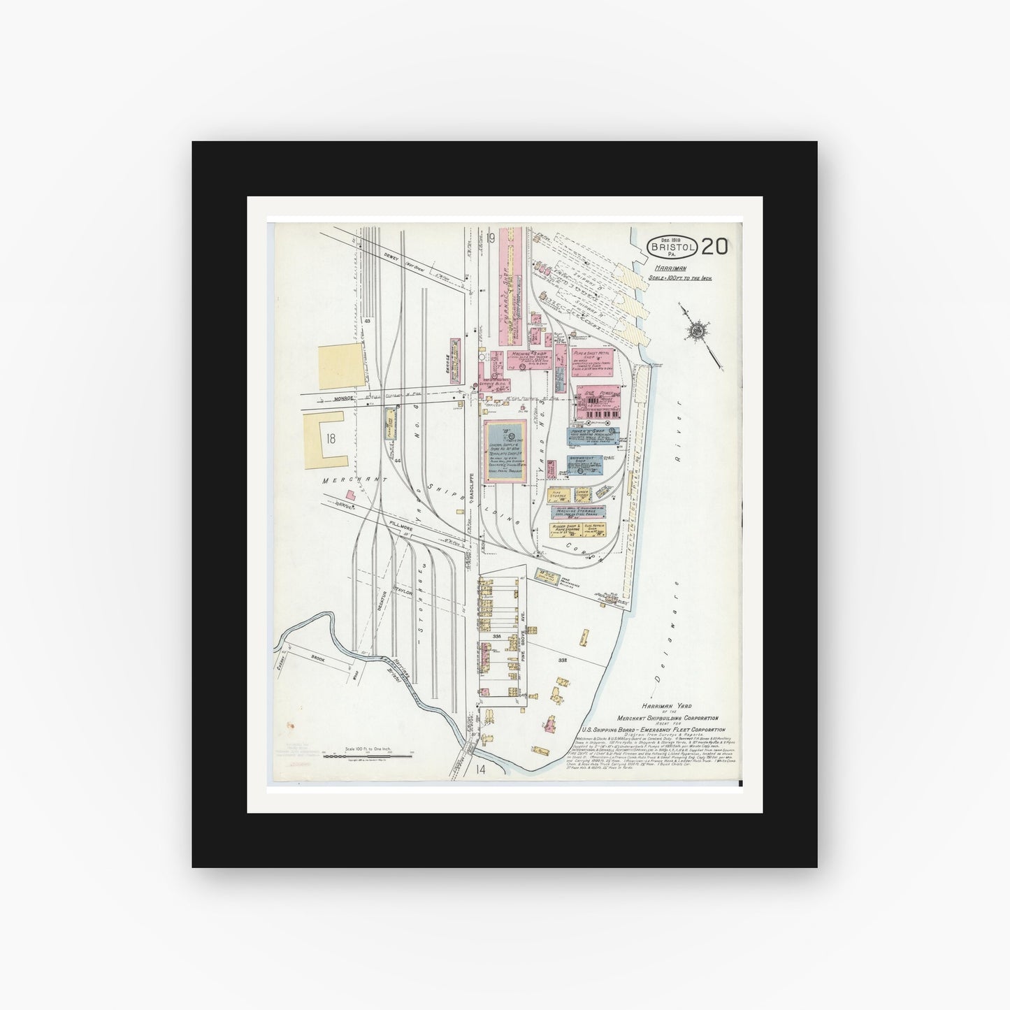 Old map wall art mockup — black gallery frame with white mat — Sanborn Fire Insurance Map from Bristol, Bucks County, Pennsylvania (1927), Sheet #0020