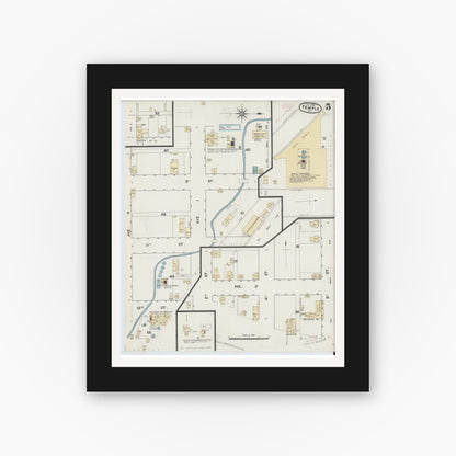 Old map wall art mockup — black gallery frame with white mat — Sanborn Fire Insurance Map from Temple, Bell County, Texas (1888), Sheet #0005