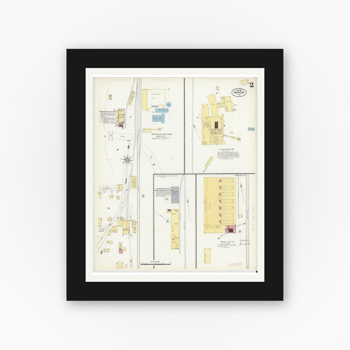 Old map wall art mockup — black gallery frame with white mat — Sanborn Fire Insurance Map from Warsaw, Wyoming County, New York (1903), Sheet #0002