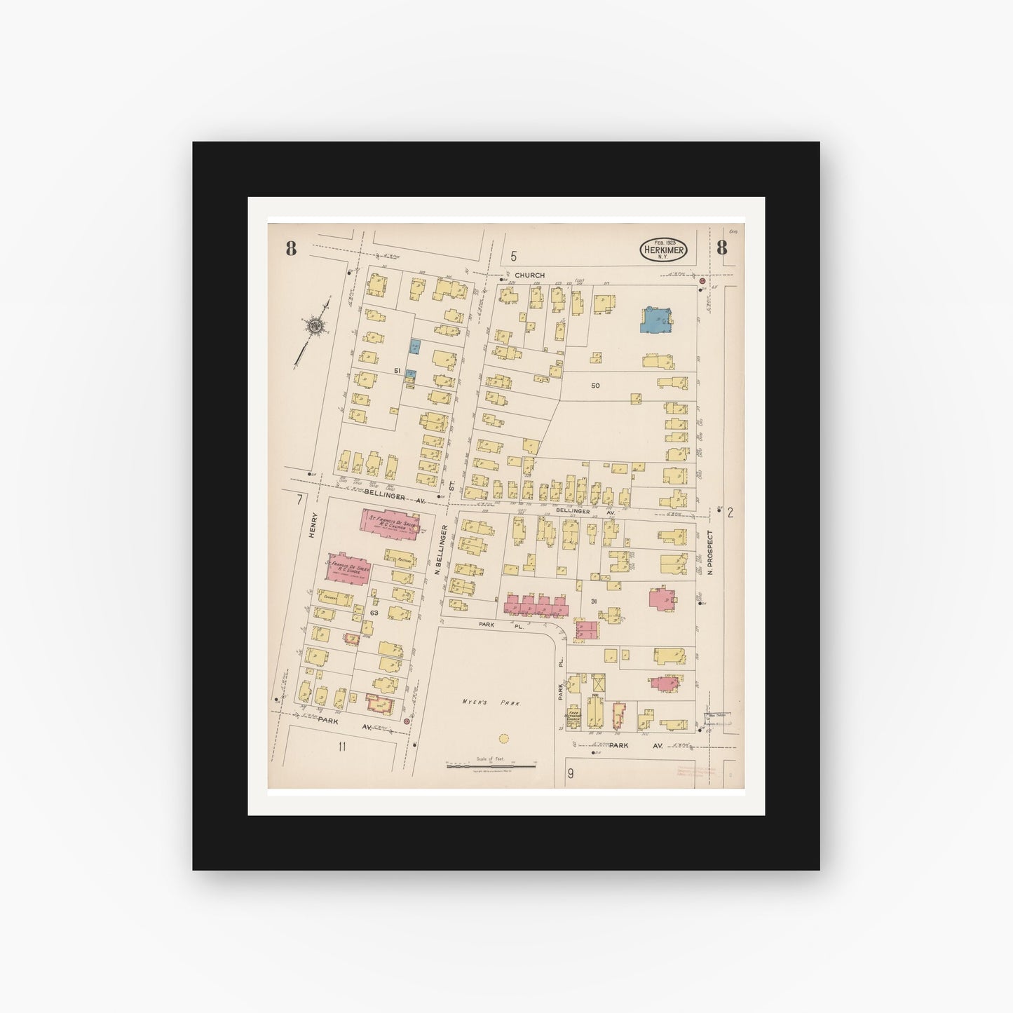 Old map wall art mockup — black gallery frame with white mat — Sanborn Fire Insurance Map from Herkimer, Herkimer County, New York (1923), Sheet #0008