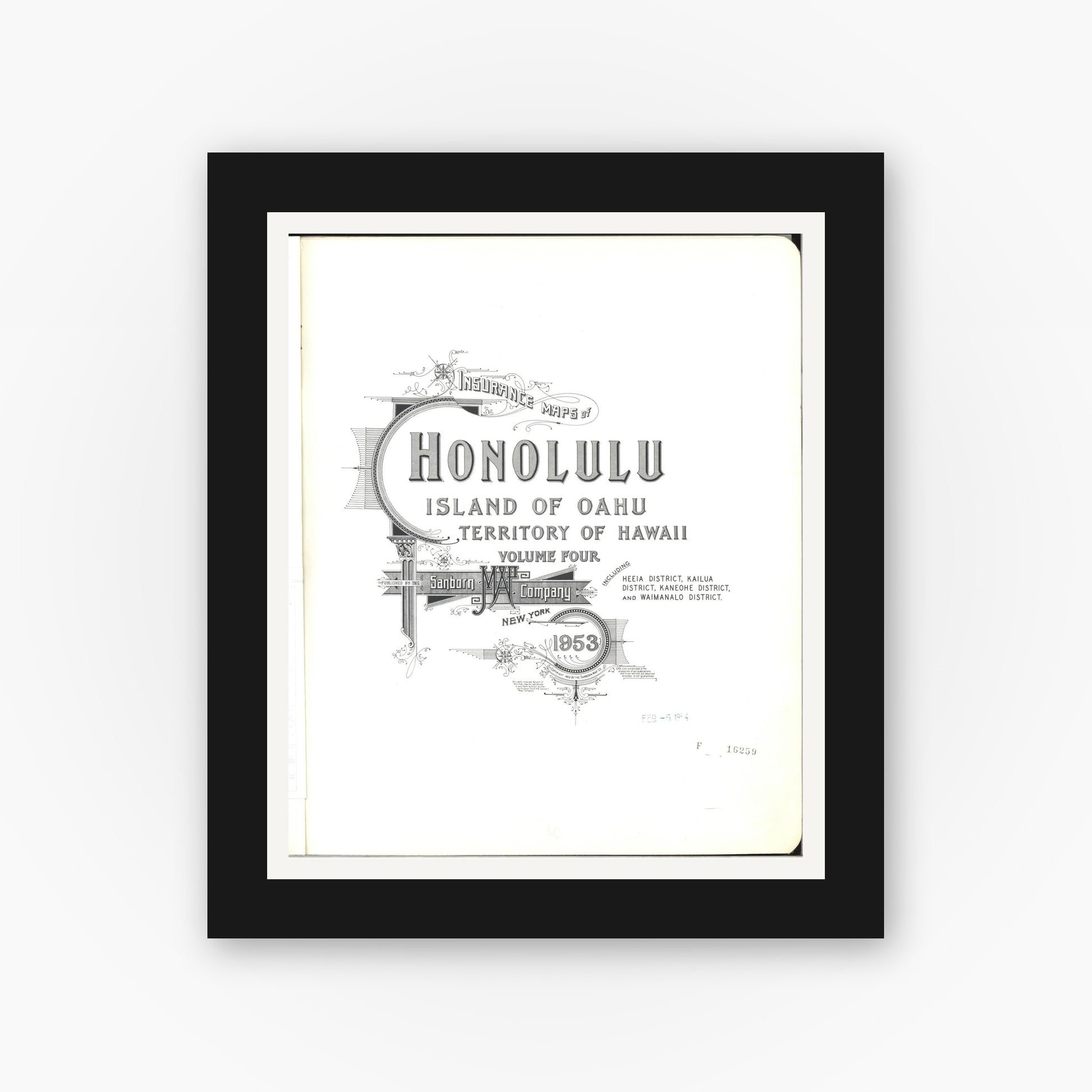 Old map wall art mockup — black gallery frame with white mat — Sanborn Fire Insurance Map from Honolulu, Oahu County, Hawaii (1953), Sheet #0001