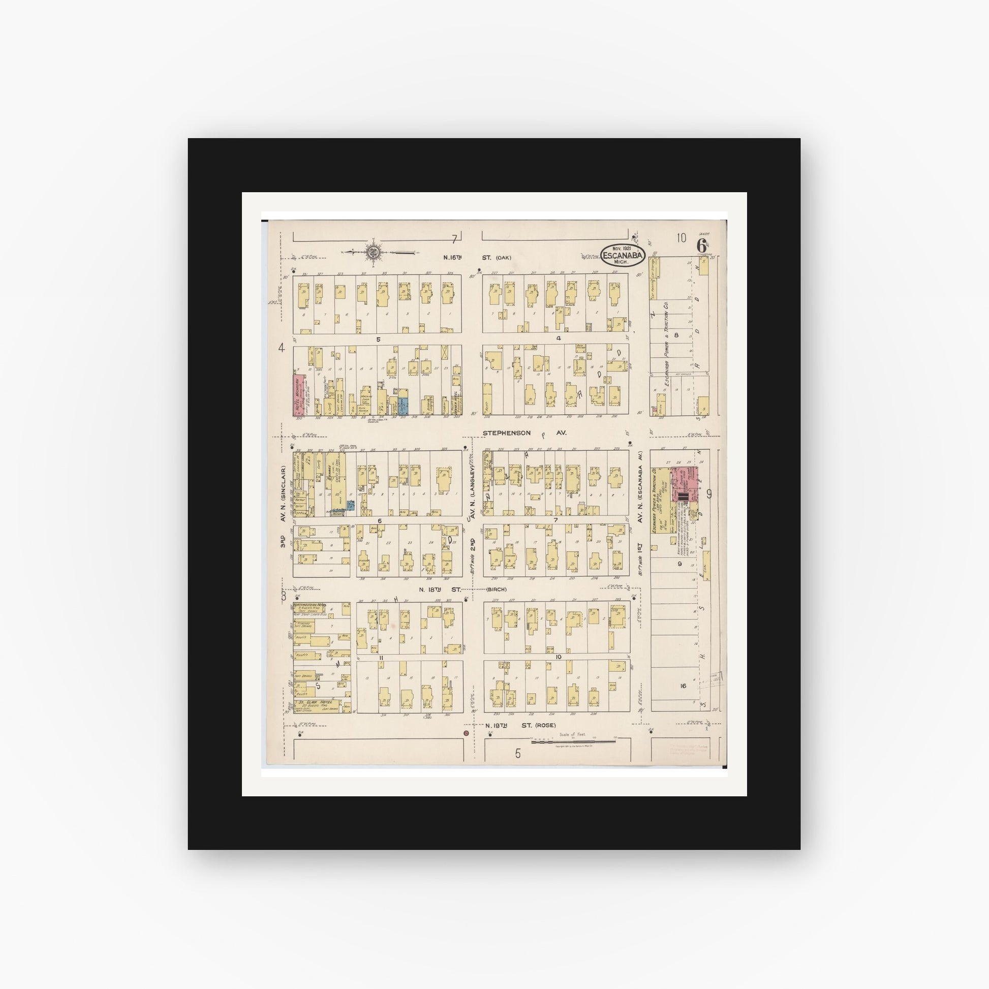 Old map wall art mockup — black gallery frame with white mat — Sanborn Fire Insurance Map from Escanaba, Delta County, Michigan (1921), Sheet #0006