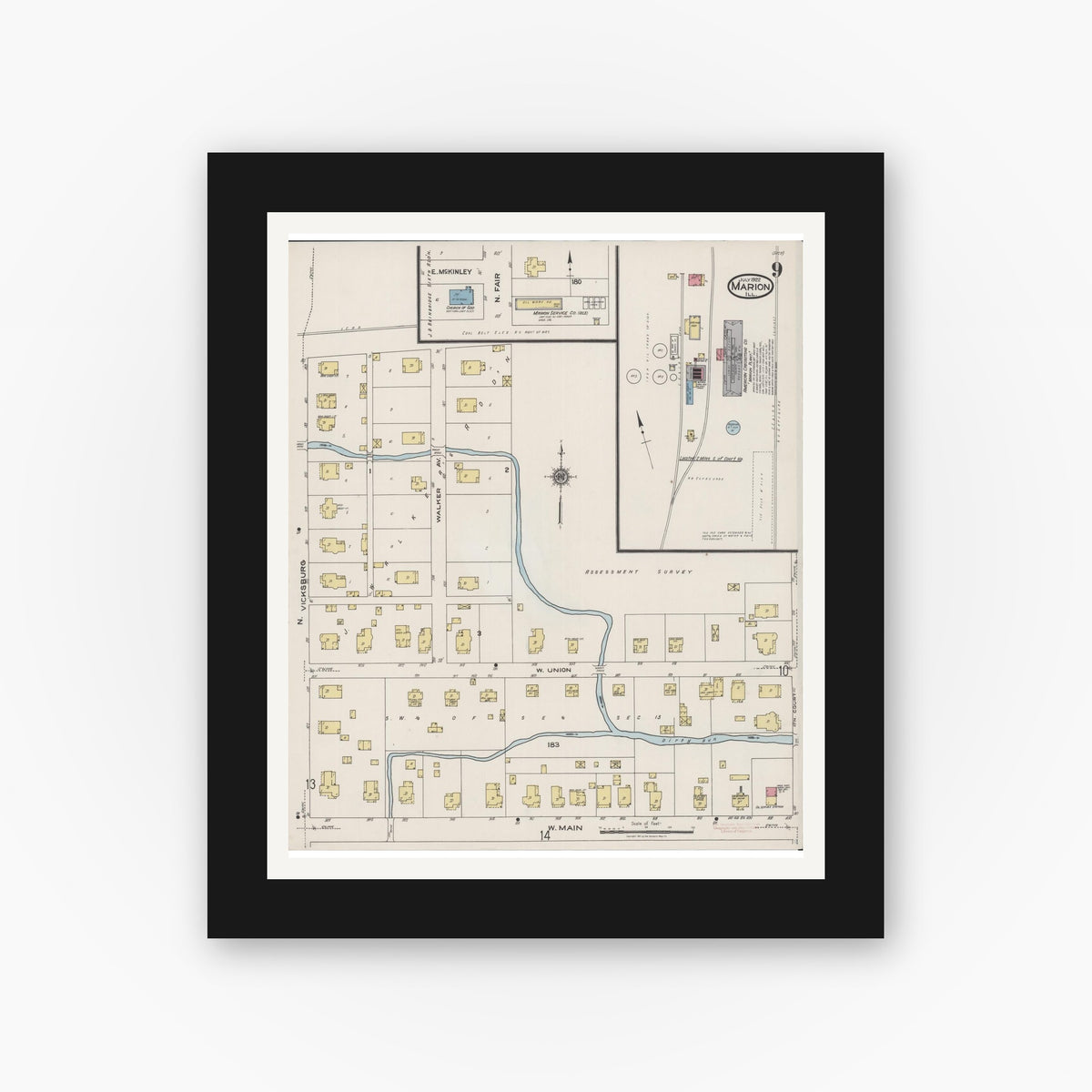 Old map wall art mockup — black gallery frame with white mat — Sanborn Fire Insurance Map from Marion, Williamson County, Illinois (1922), Sheet #0009