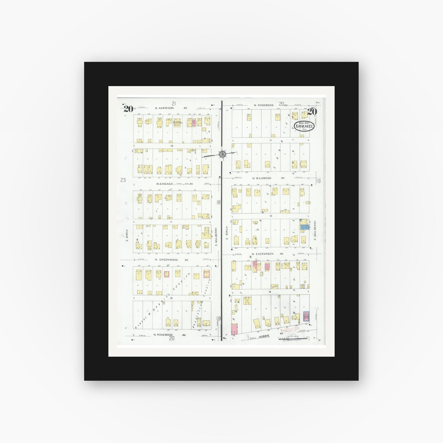Old map wall art mockup — black gallery frame with white mat — Sanborn Fire Insurance Map from Kankakee, Kankakee County, Illinois (1930), Sheet #0020