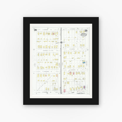 Old map wall art mockup — black gallery frame with white mat — Sanborn Fire Insurance Map from Kankakee, Kankakee County, Illinois (1930), Sheet #0020
