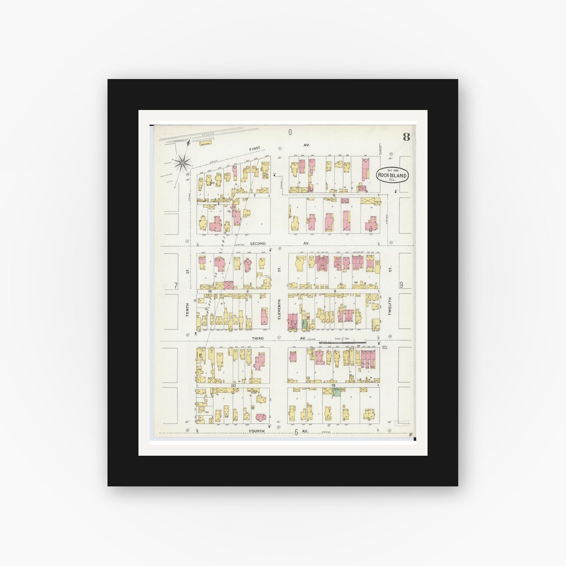 Old map wall art mockup — black gallery frame with white mat — Sanborn Fire Insurance Map from Rock Island, Rock Island County, Illinois (1898), Sheet #0008