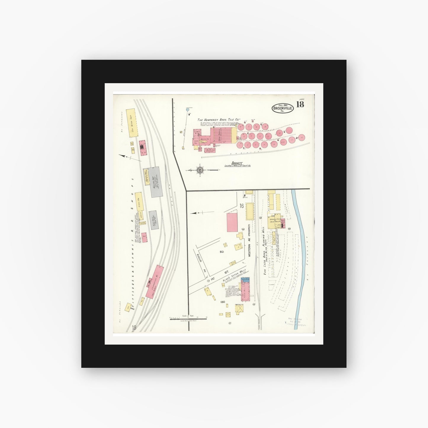 Old map wall art mockup — black gallery frame with white mat — Sanborn Fire Insurance Map from Brookville, Jefferson County, Pennsylvania (1921), Sheet #0018