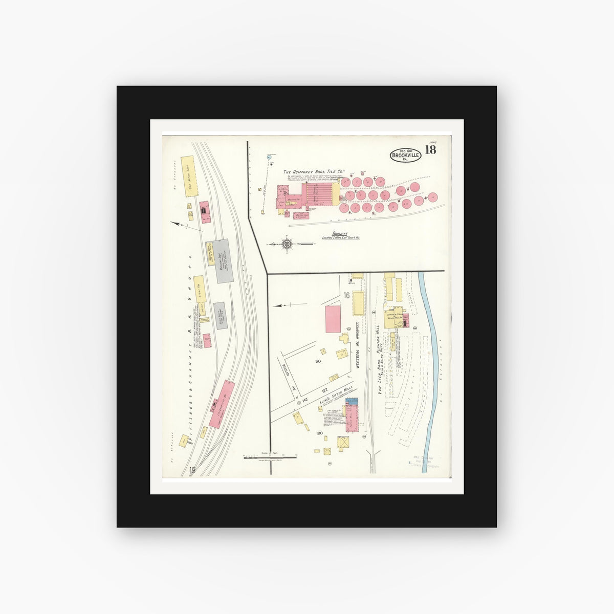Old map wall art mockup — black gallery frame with white mat — Sanborn Fire Insurance Map from Brookville, Jefferson County, Pennsylvania (1921), Sheet #0018