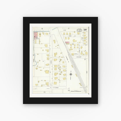 Old map wall art mockup — black gallery frame with white mat — Sanborn Fire Insurance Map from Tyler, Smith County, Texas (1912), Sheet #0020