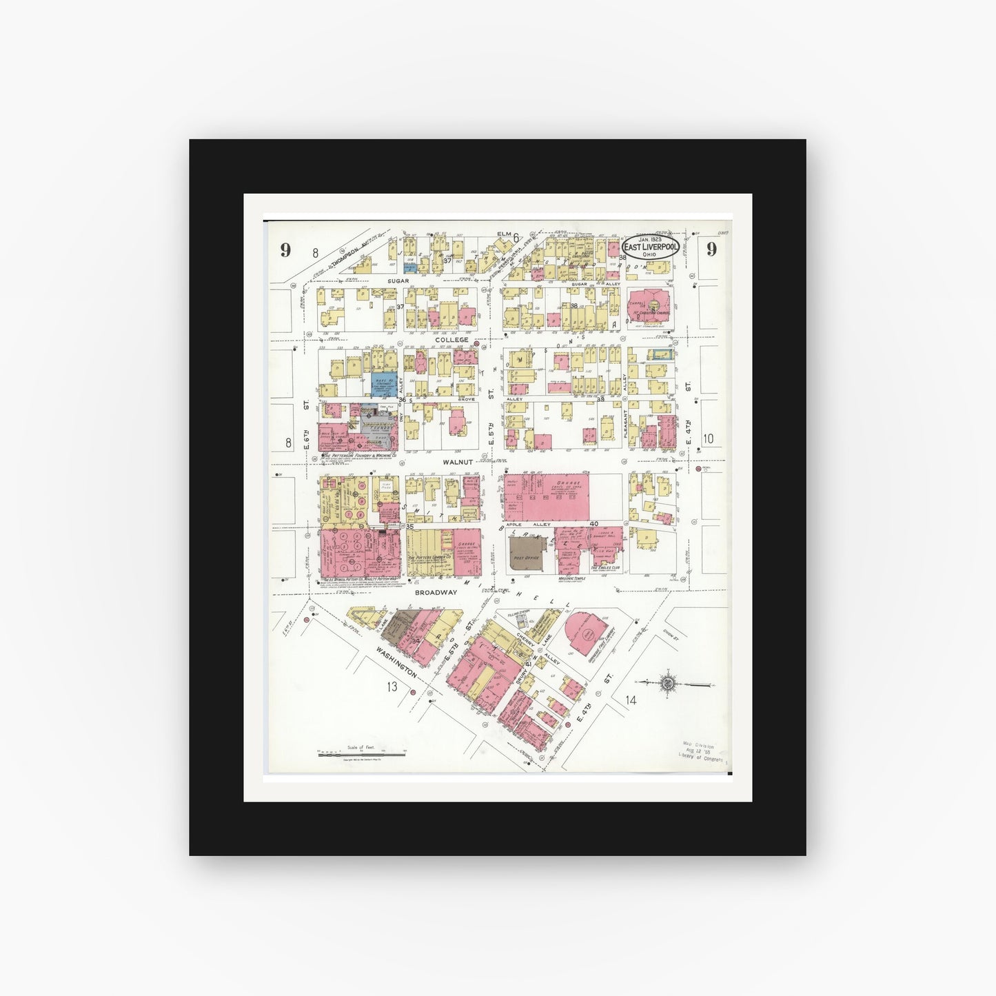 Old map wall art mockup — black gallery frame with white mat — Sanborn Fire Insurance Map from East Liverpool, Columbiana County, Ohio (1923), Sheet #0009