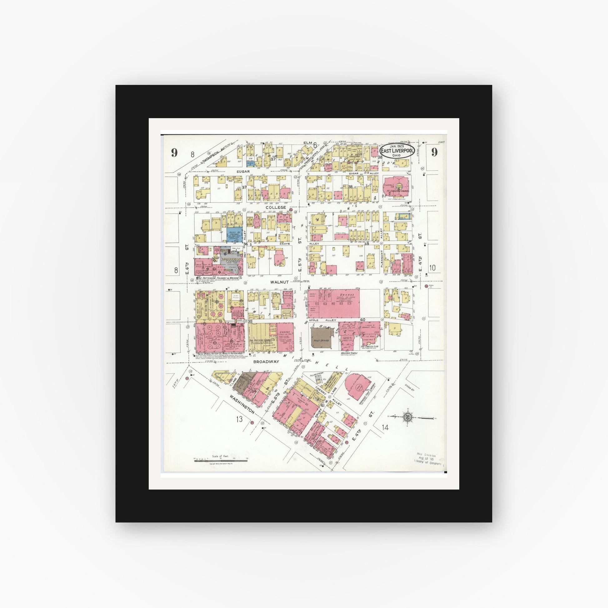 Old map wall art mockup — black gallery frame with white mat — Sanborn Fire Insurance Map from East Liverpool, Columbiana County, Ohio (1923), Sheet #0009