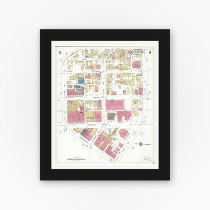 Old map wall art mockup — black gallery frame with white mat — Sanborn Fire Insurance Map from East Liverpool, Columbiana County, Ohio (1923), Sheet #0009
