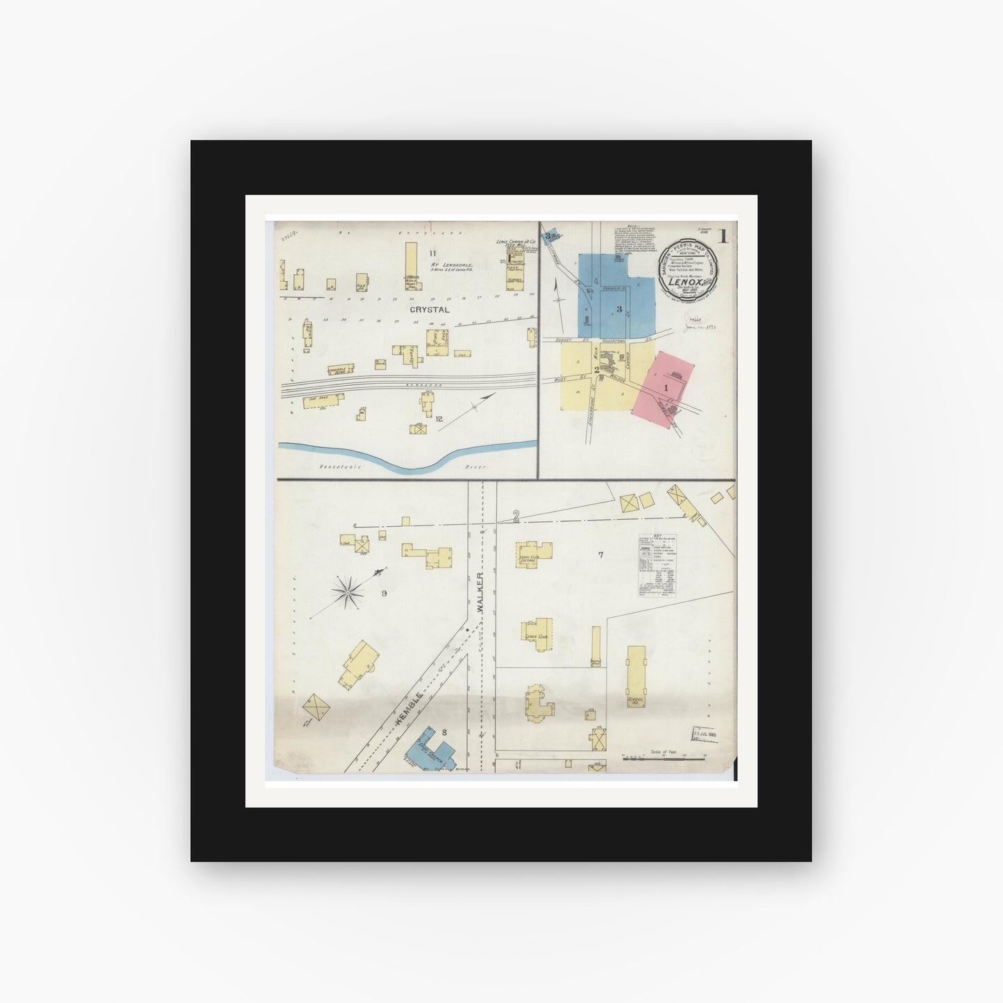 Old map wall art mockup — black gallery frame with white mat — Sanborn Fire Insurance Map from Lenox, Berkshire County, Massachusetts (1893), Sheet #0001