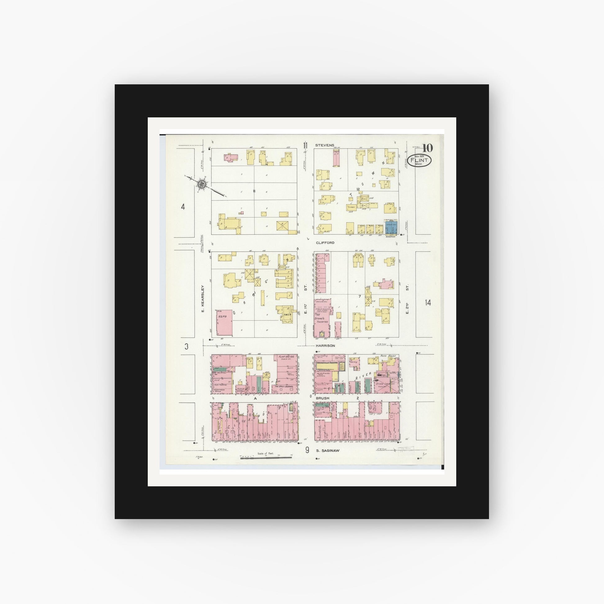 Old map wall art mockup — black gallery frame with white mat — Sanborn Fire Insurance Map from Flint, Genesee County, Michigan (1909), Sheet #0010