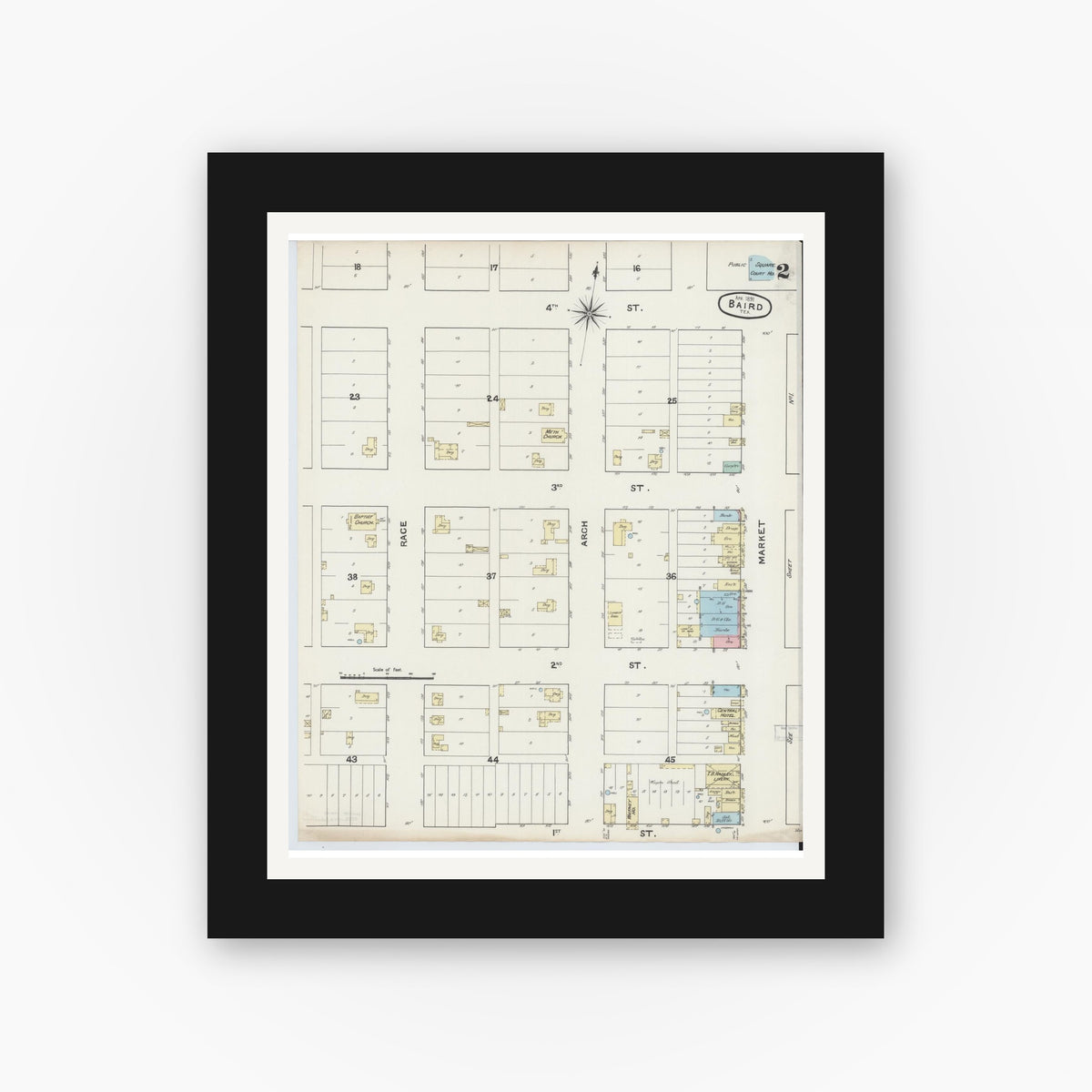 Old map wall art mockup — black gallery frame with white mat — Sanborn Fire Insurance Map from Baird, Callahan County, Texas (1891), Sheet #0002