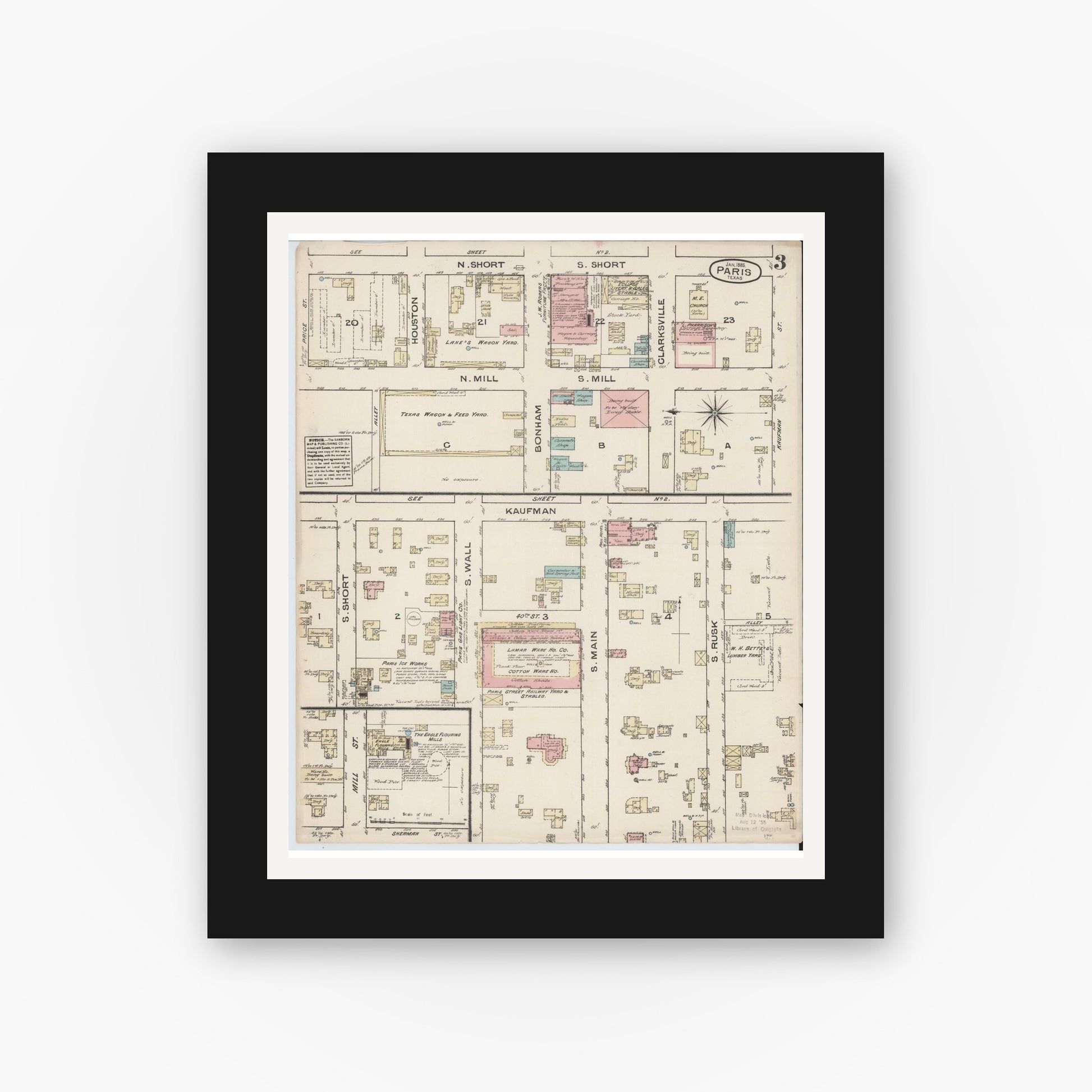 Old map wall art mockup — black gallery frame with white mat — Sanborn Fire Insurance Map from Paris, Lamar County, Texas (1885), Sheet #0003