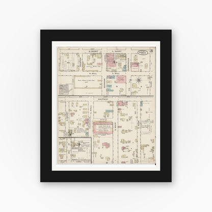 Old map wall art mockup — black gallery frame with white mat — Sanborn Fire Insurance Map from Paris, Lamar County, Texas (1885), Sheet #0003