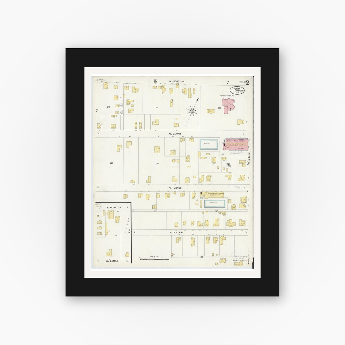 Old map wall art mockup — black gallery frame with white mat — Sanborn Fire Insurance Map from Sherman, Grayson County, Texas (1908), Sheet #0002