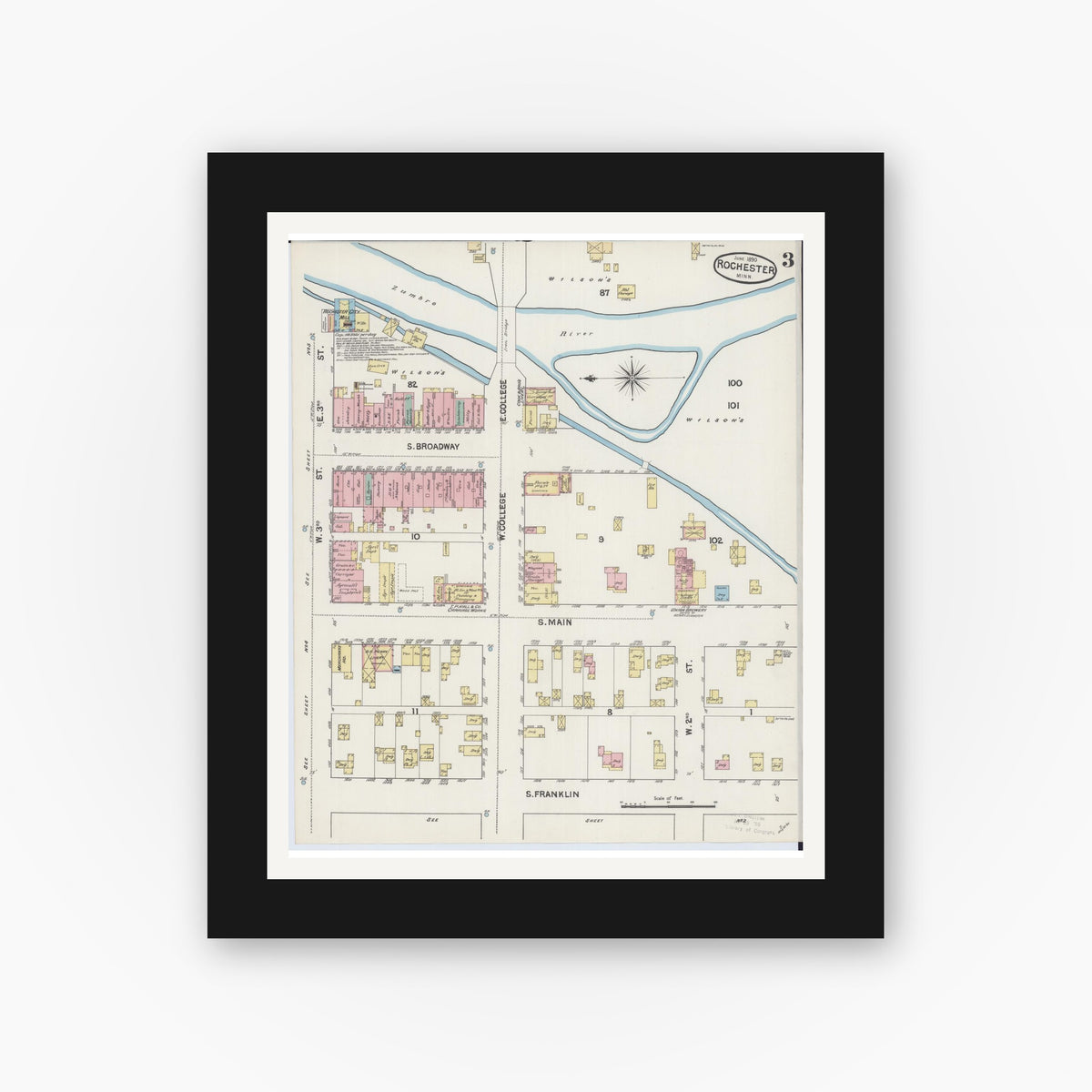 Old map wall art mockup — black gallery frame with white mat — Sanborn Fire Insurance Map from Rochester, Olmsted County, Minnesota (1890), Sheet #0003