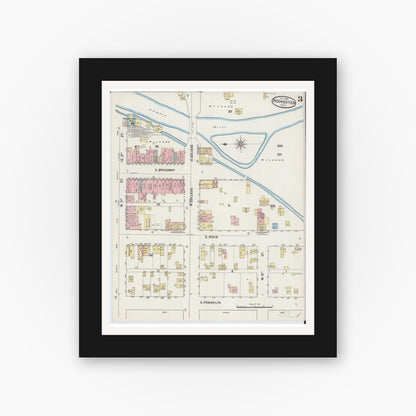 Old map wall art mockup — black gallery frame with white mat — Sanborn Fire Insurance Map from Rochester, Olmsted County, Minnesota (1890), Sheet #0003