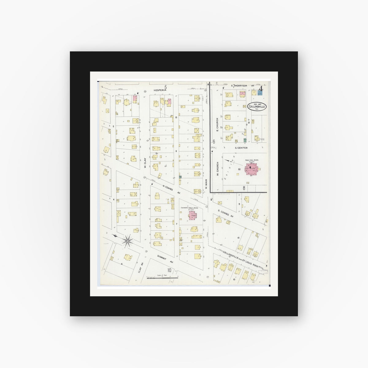 Old map wall art mockup — black gallery frame with white mat — Sanborn Fire Insurance Map from Collinsville, Madison County, Illinois (1907), Sheet #0004
