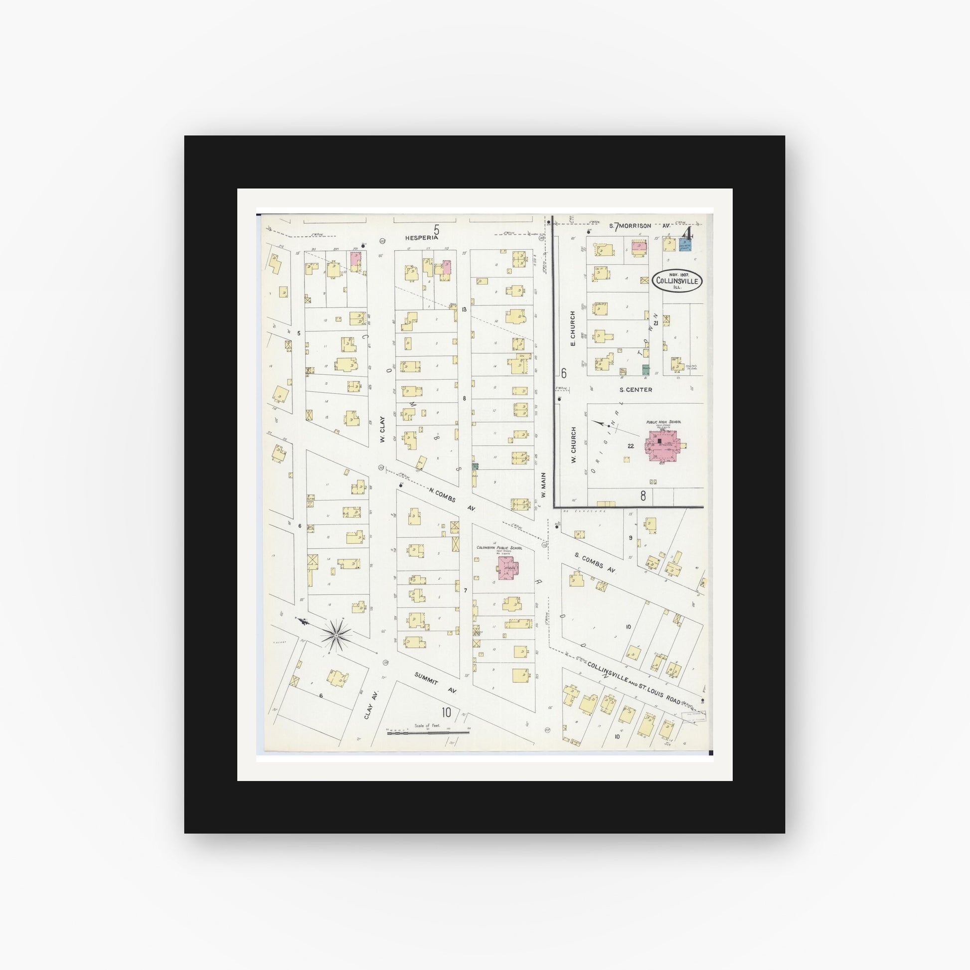 Old map wall art mockup — black gallery frame with white mat — Sanborn Fire Insurance Map from Collinsville, Madison County, Illinois (1907), Sheet #0004