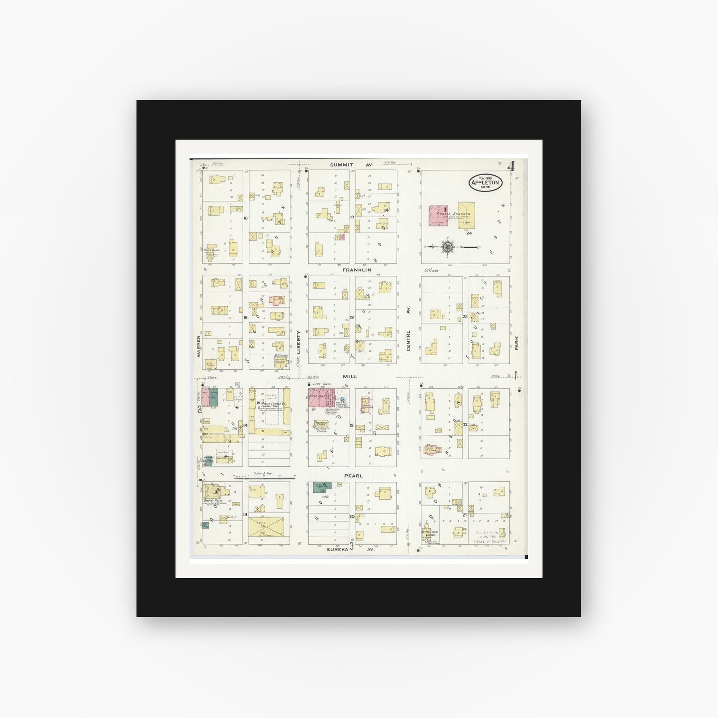 Old map wall art mockup — black gallery frame with white mat — Sanborn Fire Insurance Map from Appleton, Swift County, Minnesota (1909), Sheet #0004