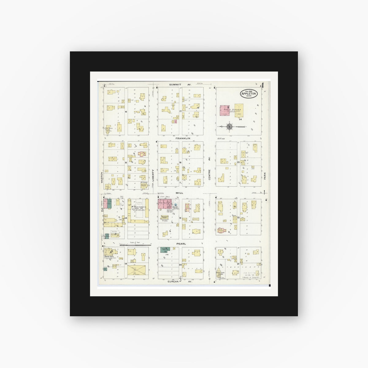 Old map wall art mockup — black gallery frame with white mat — Sanborn Fire Insurance Map from Appleton, Swift County, Minnesota (1909), Sheet #0004
