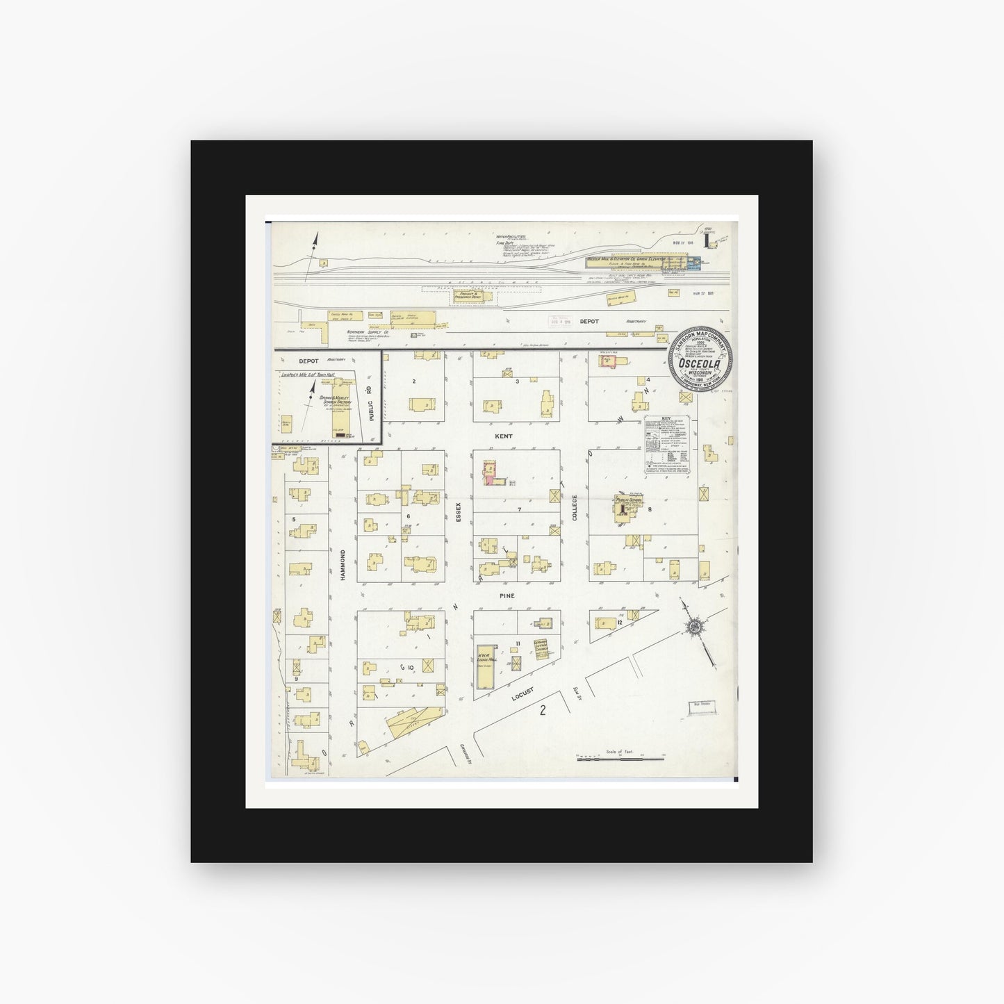 Old map wall art mockup — black gallery frame with white mat — Sanborn Fire Insurance Map from Osceola, Polk County, Wisconsin (1911) - Complete Map Set