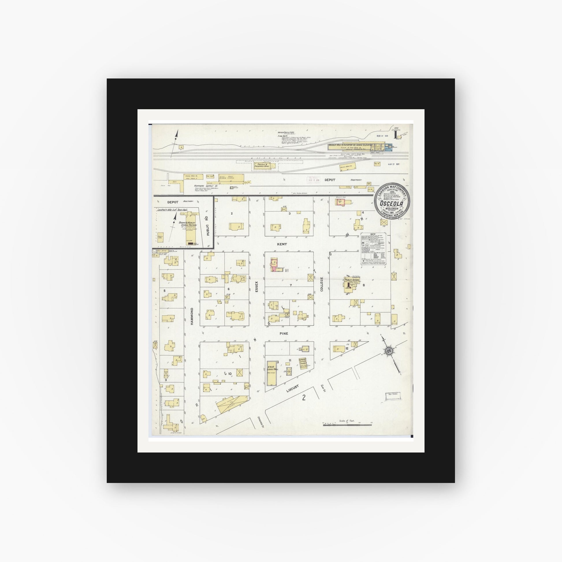 Old map wall art mockup — black gallery frame with white mat — Sanborn Fire Insurance Map from Osceola, Polk County, Wisconsin (1911) - Complete Map Set