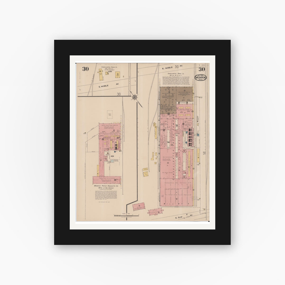 Old map wall art mockup — black gallery frame with white mat — Sanborn Fire Insurance Map from Monroe, Monroe County, Michigan (1922), Sheet #0030