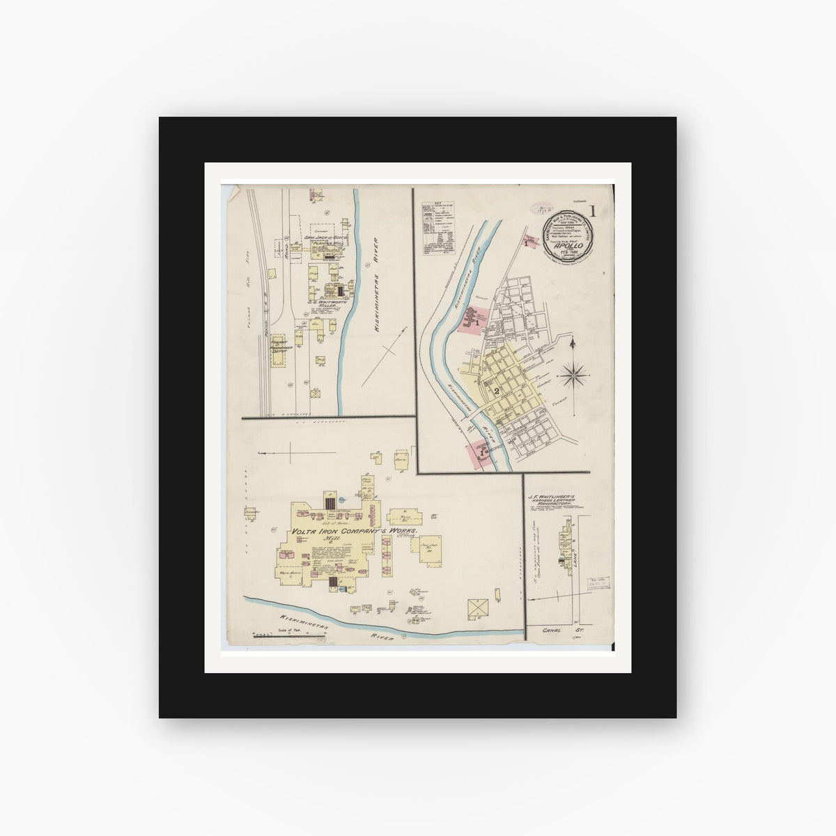 Old map wall art mockup — black gallery frame with white mat — Sanborn Fire Insurance Map from Apollo, Armstrong County, Pennsylvania (1886) - Complete Map Set