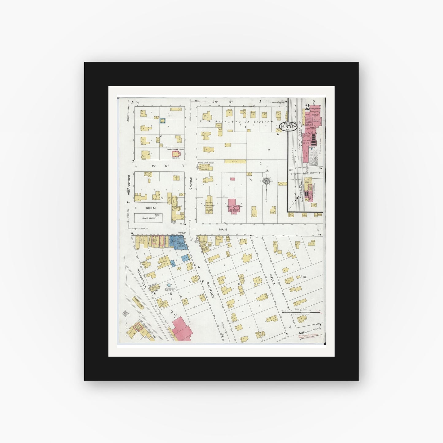 Old map wall art mockup — black gallery frame with white mat — Sanborn Fire Insurance Map from Huntley, McHenry County, Illinois (1919), Sheet #0002
