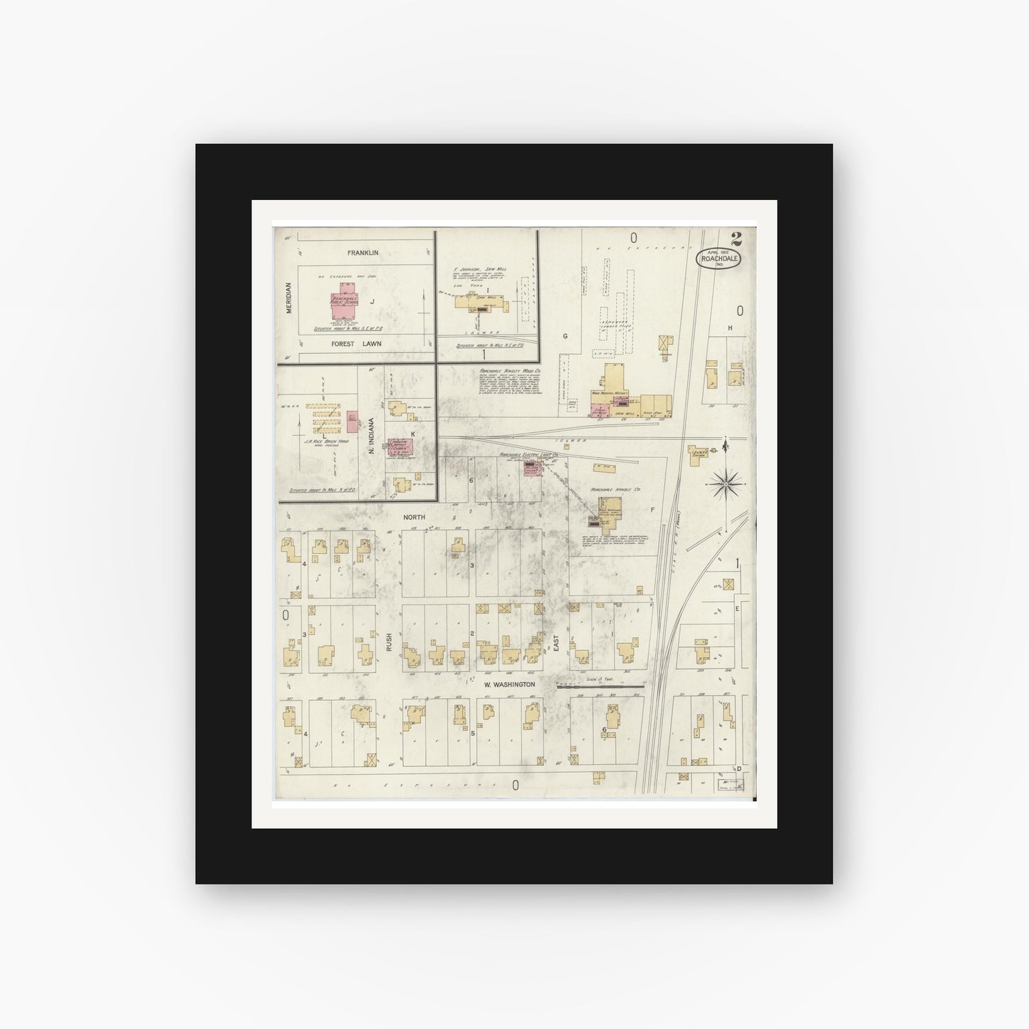 Old map wall art mockup — black gallery frame with white mat — Sanborn Fire Insurance Map from Roachdale, Putnam County, Indiana (1902), Sheet #0002