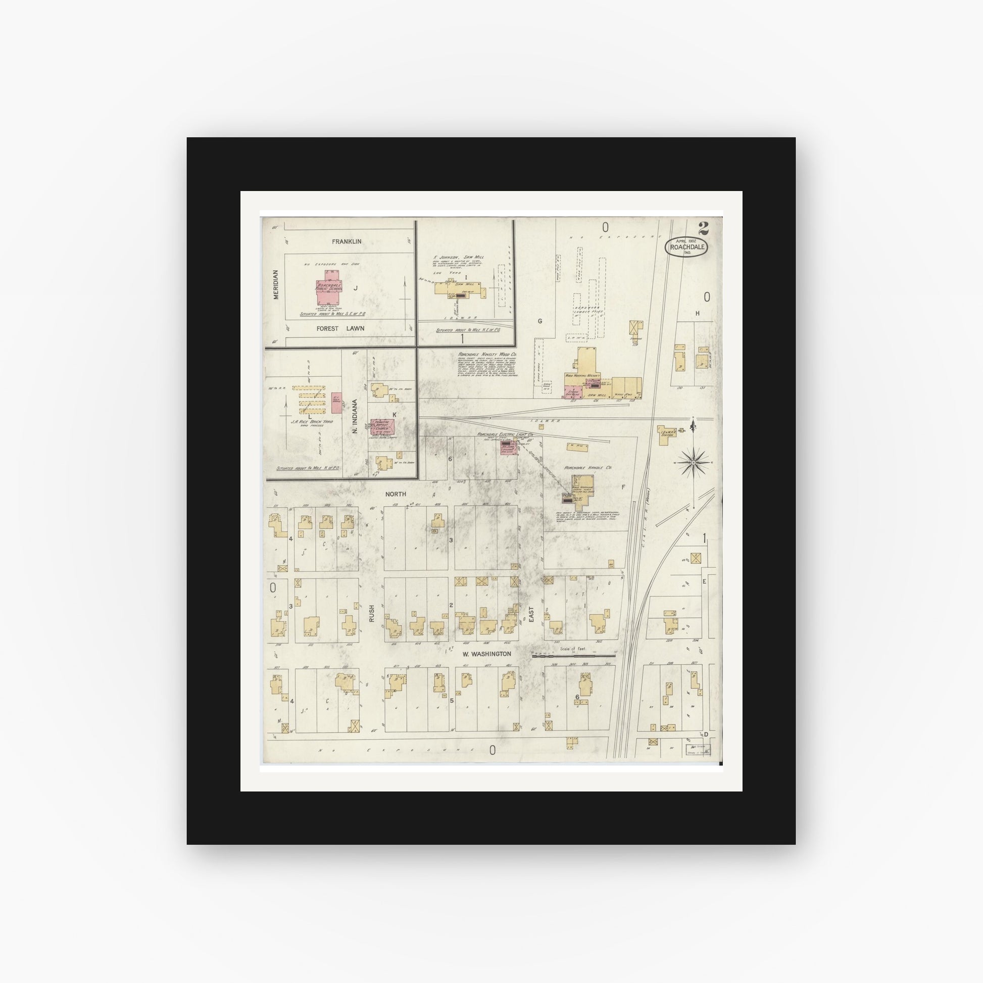 Old map wall art mockup — black gallery frame with white mat — Sanborn Fire Insurance Map from Roachdale, Putnam County, Indiana (1902), Sheet #0002