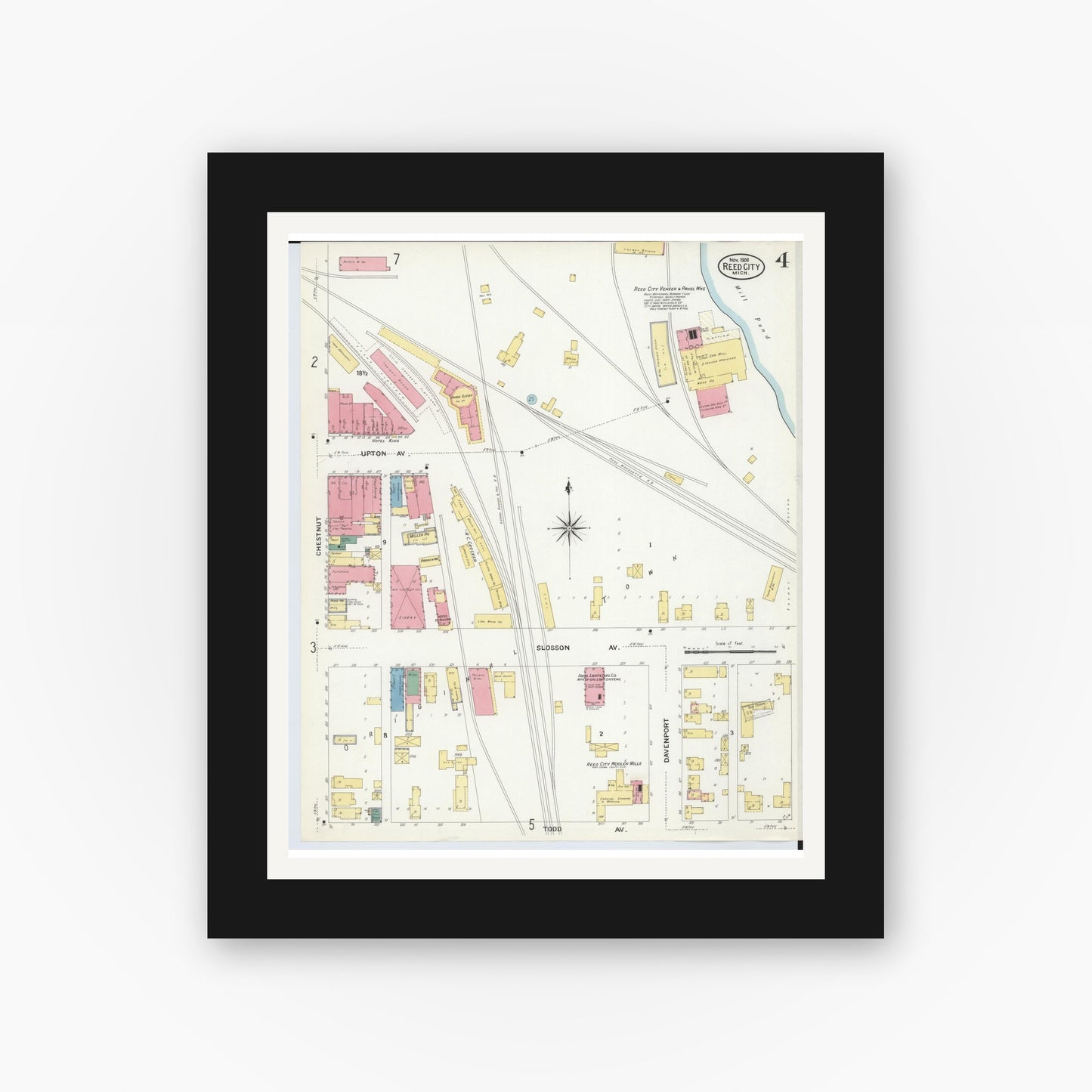 Old map wall art mockup — black gallery frame with white mat — Sanborn Fire Insurance Map from Reed City, Osceola County, Michigan (1908), Sheet #0004