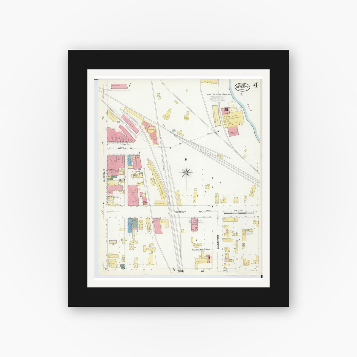 Old map wall art mockup — black gallery frame with white mat — Sanborn Fire Insurance Map from Reed City, Osceola County, Michigan (1908), Sheet #0004