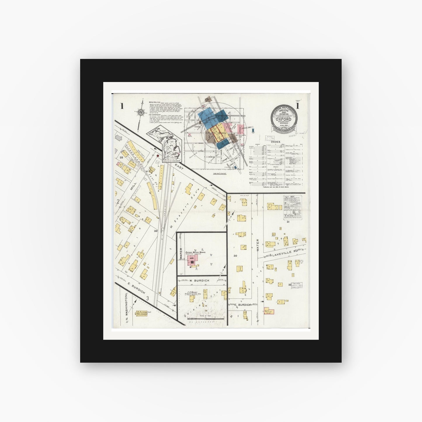 Old map wall art mockup — black gallery frame with white mat — Sanborn Fire Insurance Map from Oxford, Oakland County, Michigan (1926) - Complete Map Set