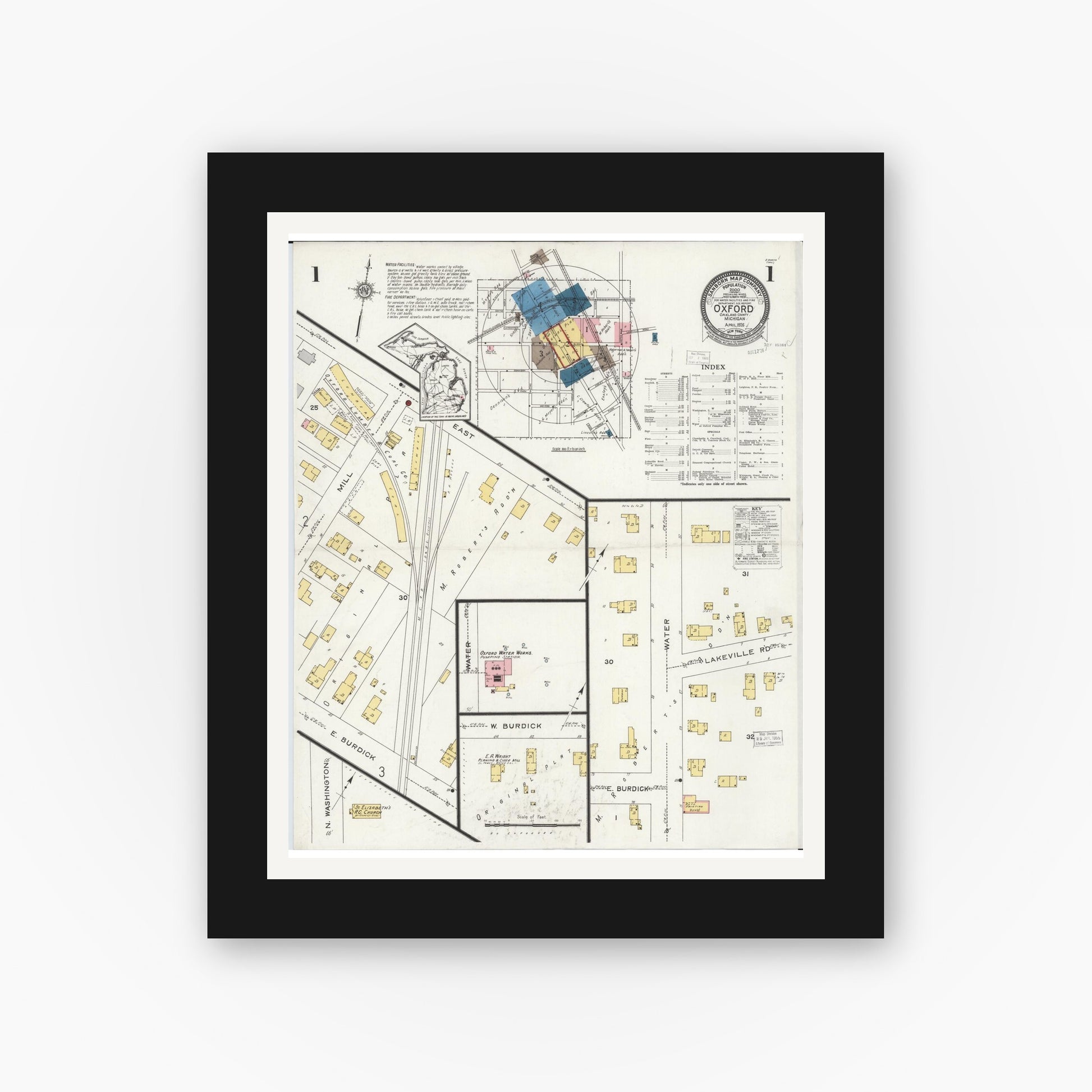 Old map wall art mockup — black gallery frame with white mat — Sanborn Fire Insurance Map from Oxford, Oakland County, Michigan (1926) - Complete Map Set