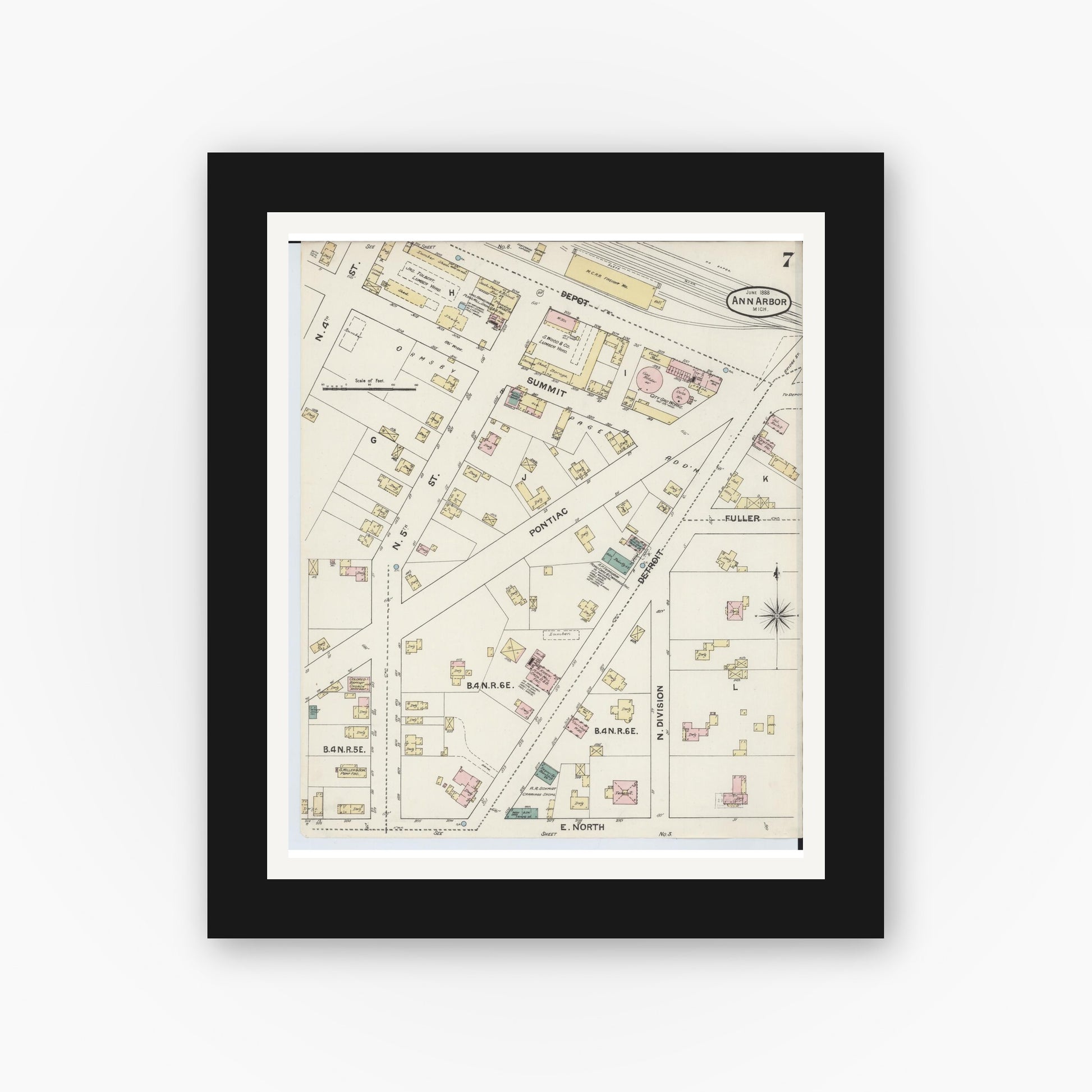 Old map wall art mockup — black gallery frame with white mat — Sanborn Fire Insurance Map from Ann Arbor, Washtenaw County, Michigan (1888), Sheet #0007