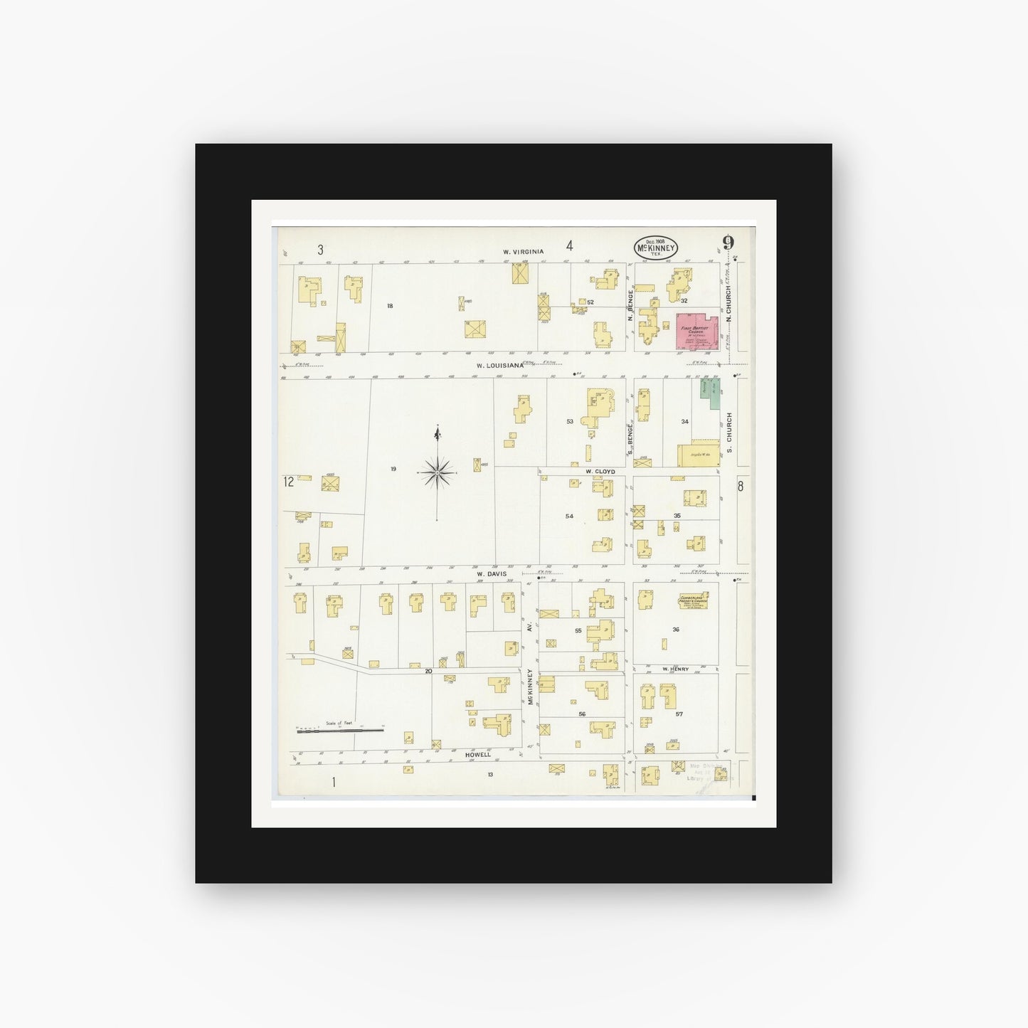 Old map wall art mockup — black gallery frame with white mat — Sanborn Fire Insurance Map from McKinney, Collin County, Texas (1908), Sheet #0009