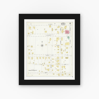Old map wall art mockup — black gallery frame with white mat — Sanborn Fire Insurance Map from McKinney, Collin County, Texas (1908), Sheet #0009
