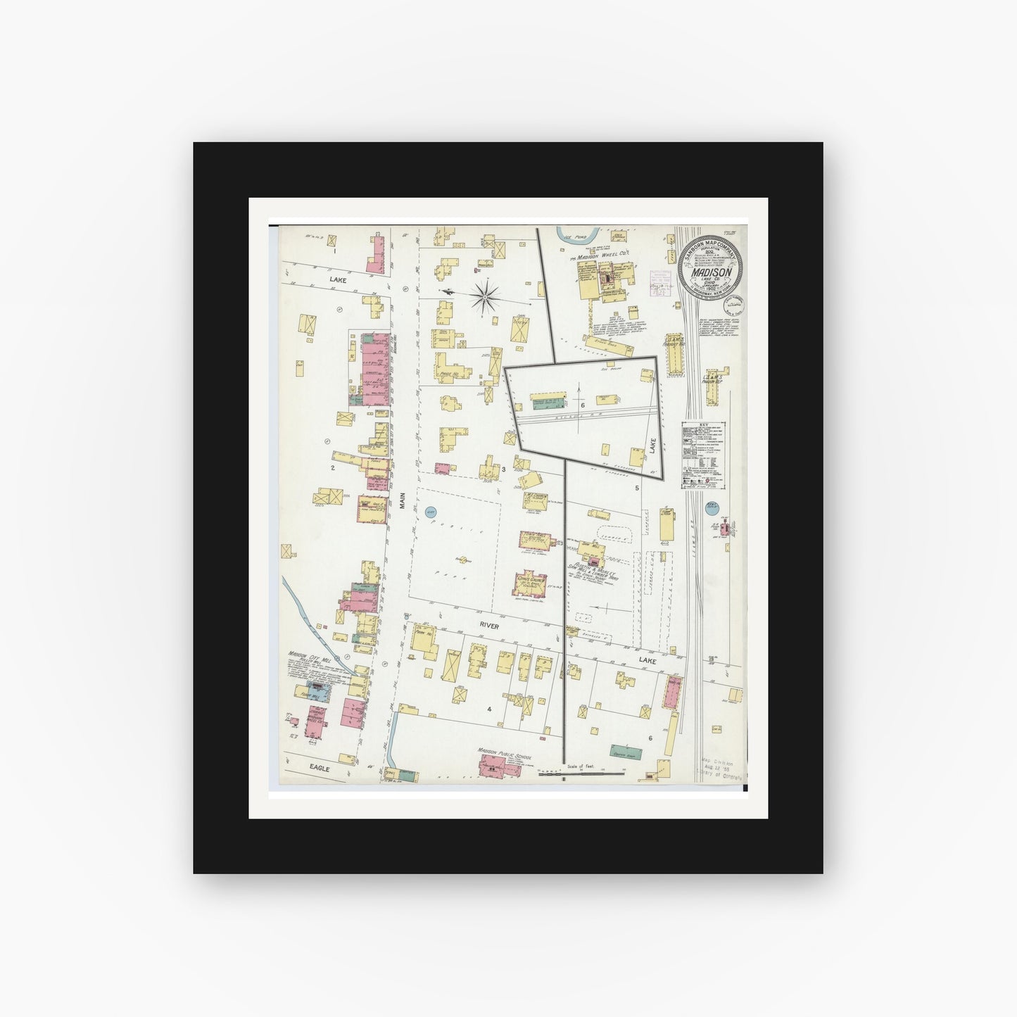 Old map wall art mockup — black gallery frame with white mat — Sanborn Fire Insurance Map from Madison, Lake County, Ohio (1902), Sheet #0001