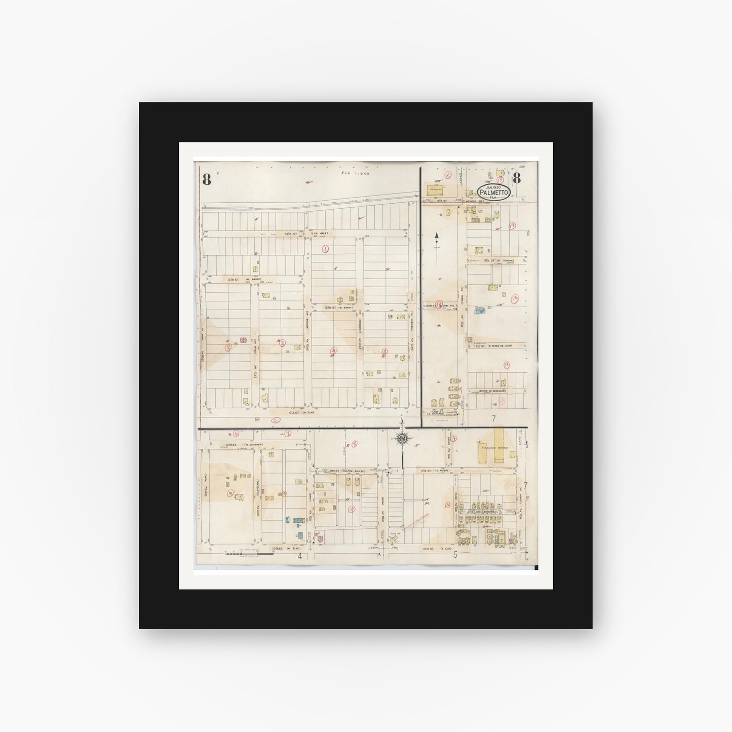 Old map wall art mockup — black gallery frame with white mat — Sanborn Fire Insurance Map from Palmetto, Manatee County, Florida (1944), Sheet #0008