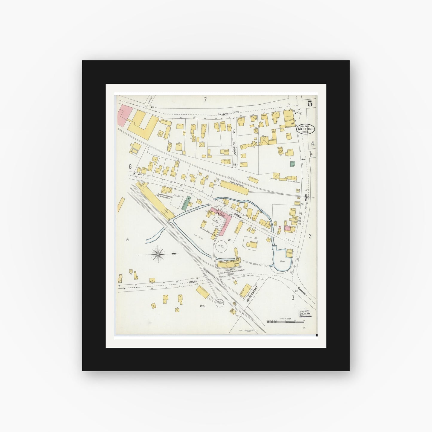 Old map wall art mockup — black gallery frame with white mat — Sanborn Fire Insurance Map from Milford, Worcester County, Massachusetts (1903), Sheet #0005