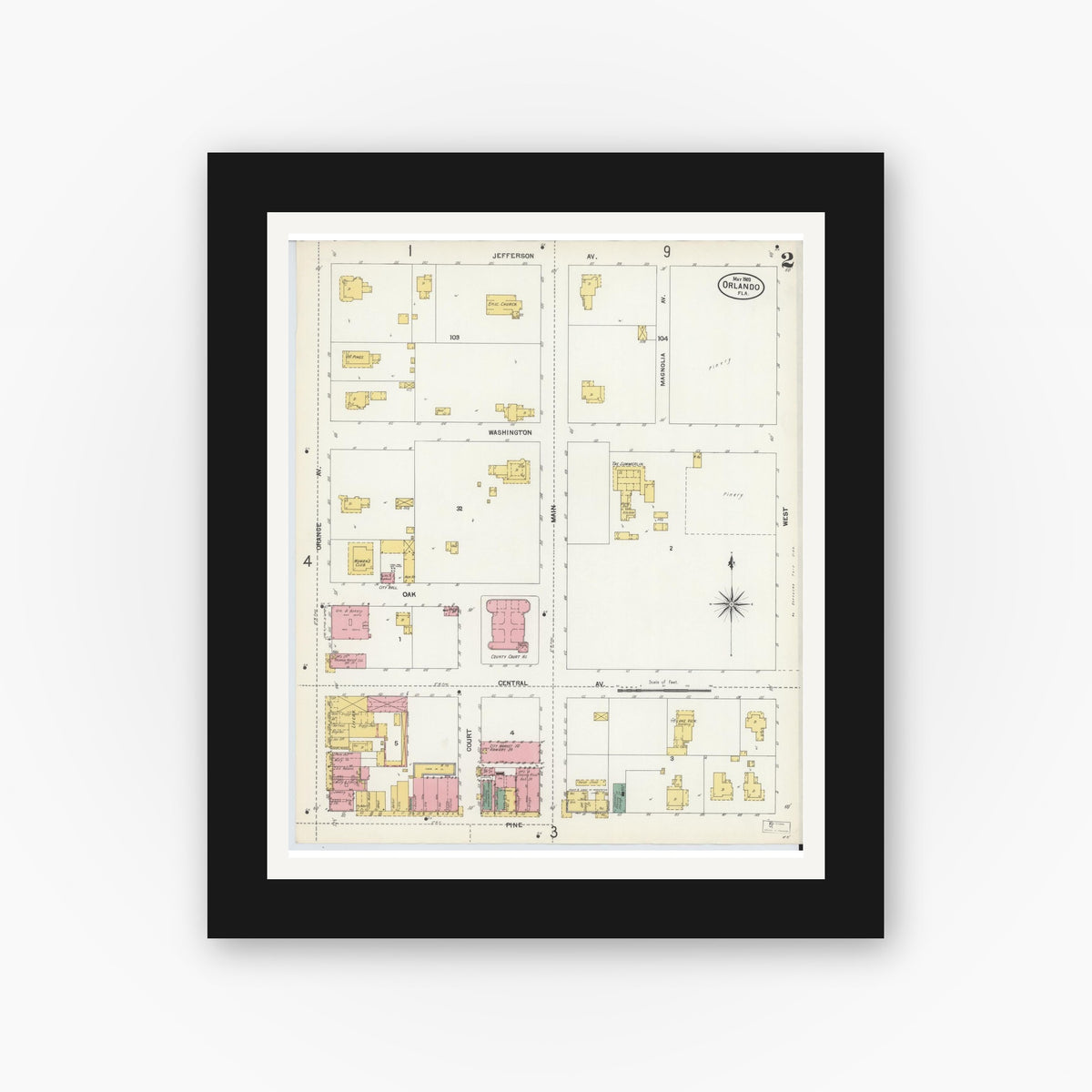 Old map wall art mockup — black gallery frame with white mat — Sanborn Fire Insurance Map from Orlando, Orange County, Florida (1903), Sheet #0002