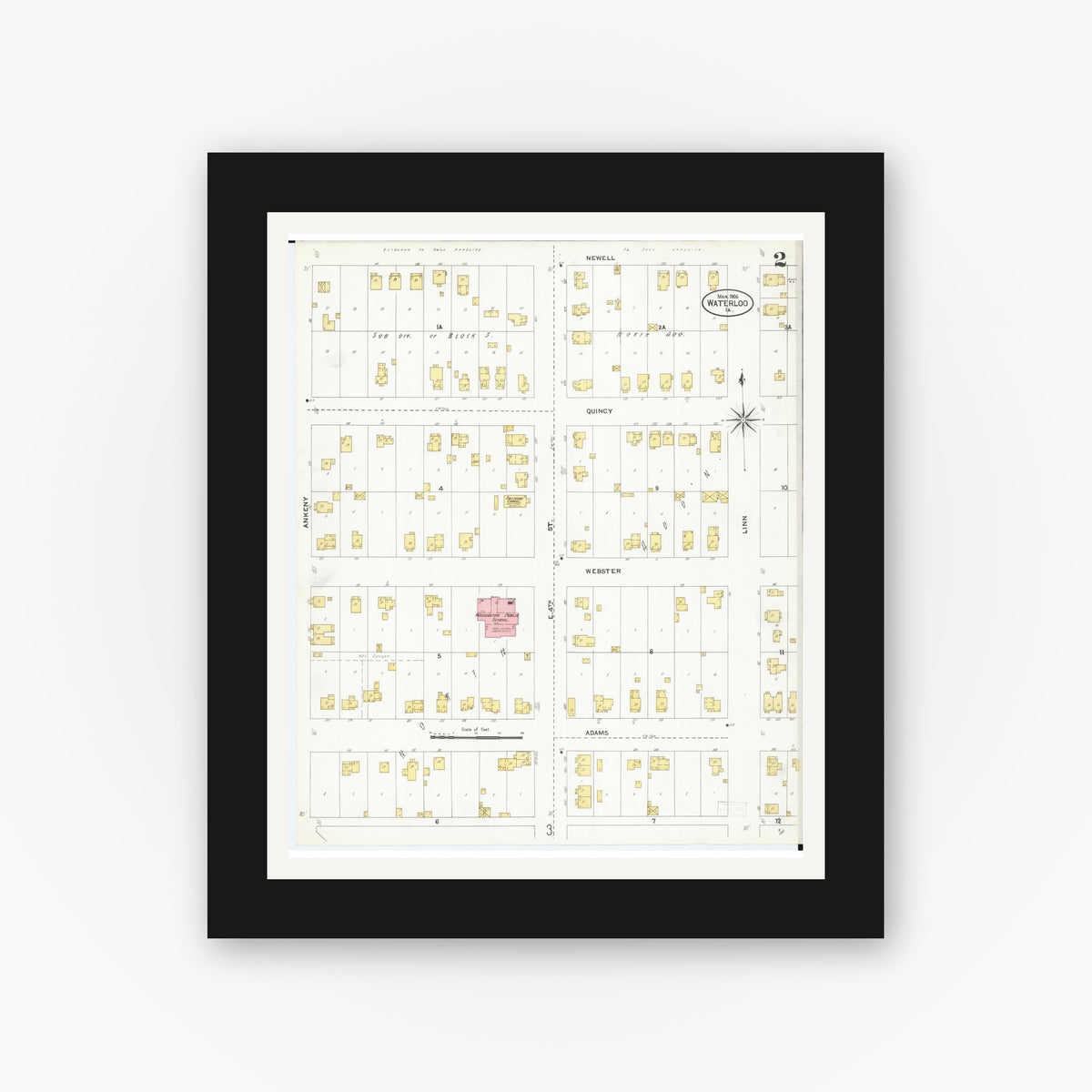 Old map wall art mockup — black gallery frame with white mat — Sanborn Fire Insurance Map from Waterloo, Black Hawk County, Iowa (1906), Sheet #0002